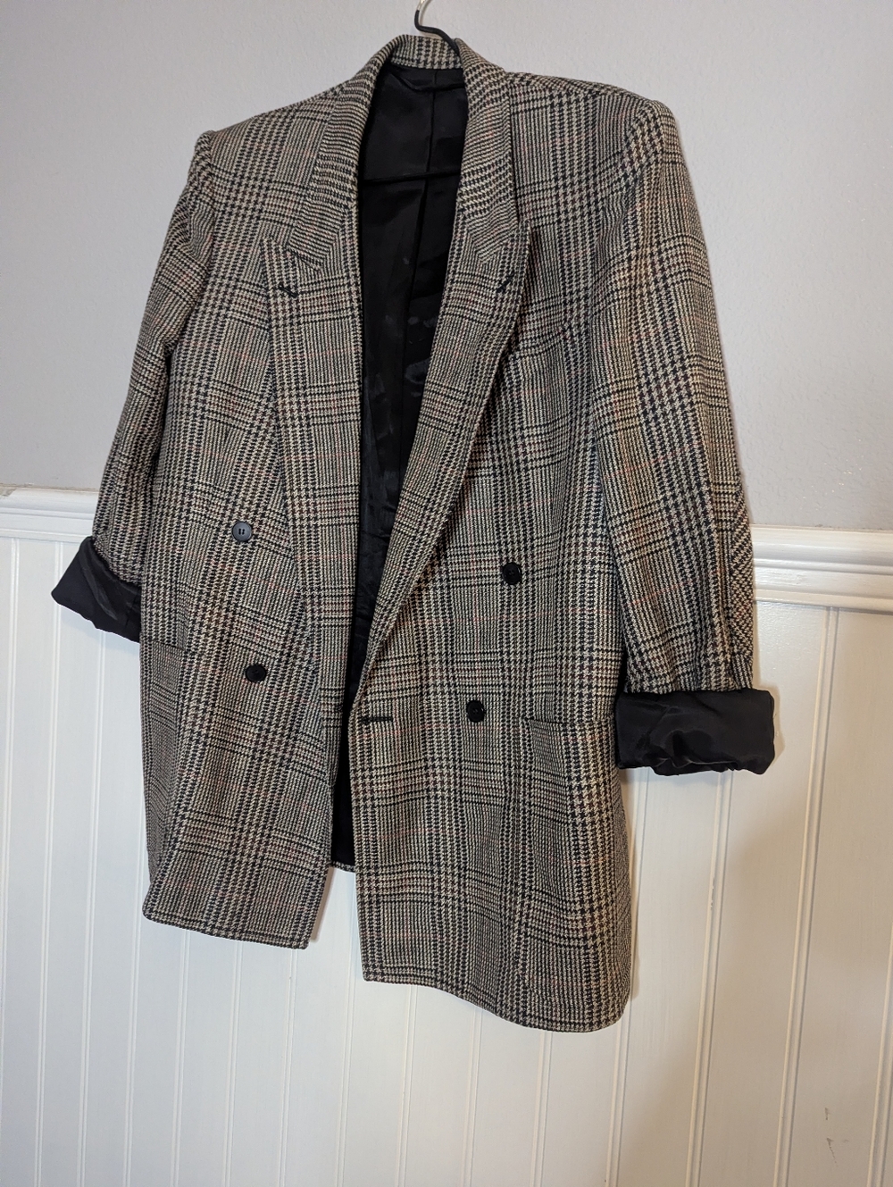 Women's Double-Breasted Glen Plaid Blazer Jacket - Black/Brown